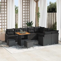 12 Piece Garden Sofa Set with Cushions Black Poly Rattan Acacia
