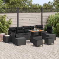 10 Piece Garden Sofa Set with Cushions Black Poly Rattan Acacia