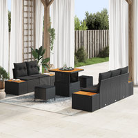8 Piece Garden Sofa Set with Cushions Black Poly Rattan Acacia