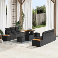 9 Piece Garden Sofa Set with Cushions - Black Poly Rattan & Acacia
