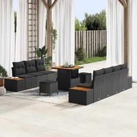10 Piece Garden Sofa Set with Cushions Black Poly Rattan Acacia