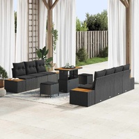 10 Piece Garden Sofa Set with Cushions Black Poly Rattan Acacia
