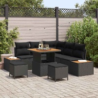 8 Piece Garden Sofa Set with Cushions Black Poly Rattan Acacia