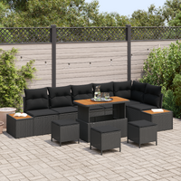10 Piece Garden Sofa Set with Cushions Black Poly Rattan Acacia