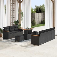 10 Piece Garden Sofa Set with Cushions Black Poly Rattan Acacia