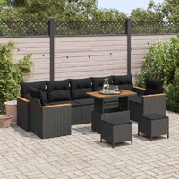 10 Piece Garden Sofa Set with Cushions Black Poly Rattan Acacia