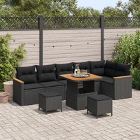 9 Piece Garden Sofa Set with Cushions Black Poly Rattan Acacia