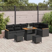9 Piece Garden Sofa Set with Cushions Black Poly Rattan Acacia