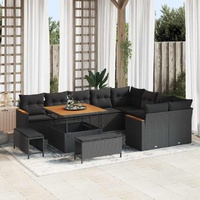 12 Piece Garden Sofa Set with Cushions Black Poly Rattan Acacia