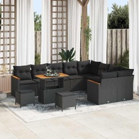 12 Piece Garden Sofa Set with Cushions Black Poly Rattan Acacia