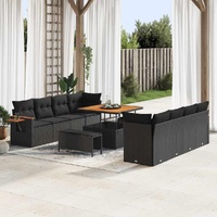 11 Piece Garden Sofa Set with Cushions Black Poly Rattan Acacia