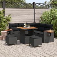 8 Piece Garden Sofa Set with Cushions Black Poly Rattan Acacia