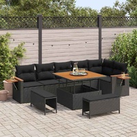 9 Piece Garden Sofa Set with Cushions Black Poly Rattan Acacia