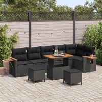 9 Piece Garden Sofa Set with Cushions Black Poly Rattan Acacia