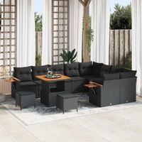 12 Piece Garden Sofa Set with Cushions Black Poly Rattan Acacia