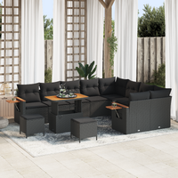 12 Piece Garden Sofa Set with Cushions Black Poly Rattan Acacia