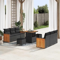 9 Piece Garden Sofa Set with Cushions Black Poly Rattan Acacia