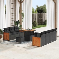 10 Piece Garden Sofa Set with Cushions Black Poly Rattan Acacia
