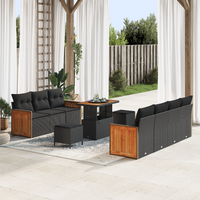 10 Piece Garden Sofa Set with Cushions Black Poly Rattan Acacia