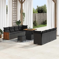 11 Piece Garden Sofa Set with Cushions Black Poly Rattan Acacia