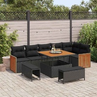 9 Piece Garden Sofa Set with Cushions Black Poly Rattan Acacia