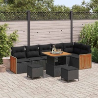 9 Piece Garden Sofa Set with Cushions Black Poly Rattan Acacia
