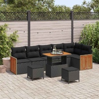 9 Piece Garden Sofa Set with Cushions Black Poly Rattan Acacia