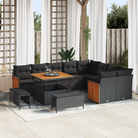 12 Piece Garden Sofa Set with Cushions Black Poly Rattan Acacia