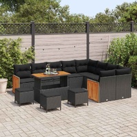 13-Piece Garden Sofa Set with Cushions Black Poly Rattan Acacia