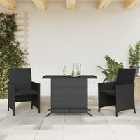 3 Piece Bistro Set with Cushions Black Poly Rattan
