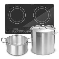 Dual Burners Cooktop Stove, 21L Stainless Steel Stockpot 30cm and 30cm Induction Casserole
