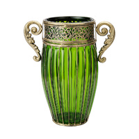Green European Colored Glass Home Decor Jar Flower Vase with Two Metal Handle