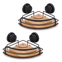 CARLA HOME  2 Pack Round Bamboo Corner Shower Caddy Shelf Basket Rack with Premium Vacuum Suction Cup No-Drilling for Bathroom and Kitchen