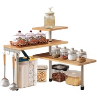 3 Tier Corner Shelf Kitchen Spice Rack Organiser with Hooks for Home Storage & Organisation, Adjustable Bamboo Wall Shelf for Pantry Organiser, Freest