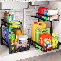 CARLA HOME 2-Tier Kitchen Under Sink Organiser Storage with Height Adjustable, Unique Slide Rail & Suction Cups for Storage