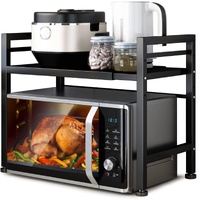 CARLA HOME 2-Tier Microwave Oven Rack with Adjustable Metal Kitchen Shelf Stand for Countertop Storage and 6 Hooks for Utensils (Black)