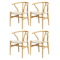 1 Set of 4 Artiss Dining Chairs Wooden Rattan Seat Wishbone Back