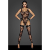 Noir Tulle Bodysuit W Patterned Flock Embroidery - Black - Small