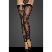 Noir Tulle Stockings W Patterned Flock Embroidery & Power Wetlook Band - Black - Small