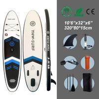 Inflatable vertical paddle set for water sports and surfing-including air pump, paddle, rope, backpack, fin box and maintenance tools.