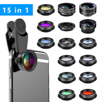 15-in-1 kit with multiple special effects functions, compatible with iPhone and Android smartphones. Includes: 198 fisheye, 0.63x wide angle, 15x macr