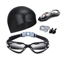 Black Swim Goggles Set with Cap, Nose Clip, Earplugs & Case: Anti-Fog UV Protection for Men & Women