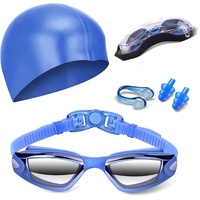 Blue Swim Goggles Set with Cap, Nose Clip, Earplugs & Case: Anti-Fog UV Protection for Men & Women