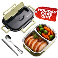 Stainless Steel Bento Lunch Box with Dual Compartments & Utensils – Microwave & Dishwasher Safe for Adults (Green)