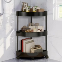 Black Corner Storage Shelf – 3-Tier Rolling Organizer for Bathroom, Kitchen & Bedroom | Space-Saving Aluminum Rack with Wheels | White Available In-St