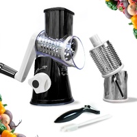 Manual Rotary Food Slicer & Grater with 3 Stainless Steel Drums – Suction Base Vegetable Shredder for Cheese, Potatoes & More (Black)