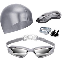 Gray Swim Goggles Set with Cap, Nose Clip, Earplugs & Case: Anti-Fog UV Protection for Men & Women