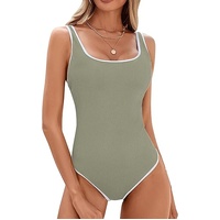 Women's Matcha Green One Piece Swimsuit with White Trim: Adjustable Strap, Ribbed, High Cut for Sports & Beach（S）