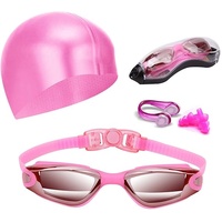 Pink Swim Goggles Set with Cap, Nose Clip, Earplugs & Case: Anti-Fog UV Protection for Men & Women