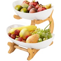 CARLA HOME 2-Tier Ceramic Fruit Bowl Basket with Bamboo Stand for Kitchen Counter, Snack Tray, Dessert Server & Vegetable Storage Rack